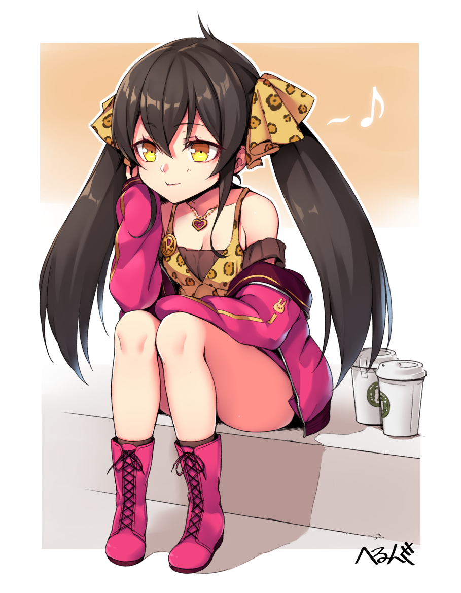 1girl :&gt; animal_print artist_name bangs black_hair black_legwear boots breasts camisole cleavage closed_mouth collarbone eyebrows_visible_through_hair hand_up heart heart_necklace hsuliherng idolmaster idolmaster_cinderella_girls jacket jewelry legs_together long_hair matoba_risa musical_note necklace open_clothes open_jacket purple_legwear quaver sidelocks signature small_breasts socks solo starbucks thighs twintails yellow_eyes