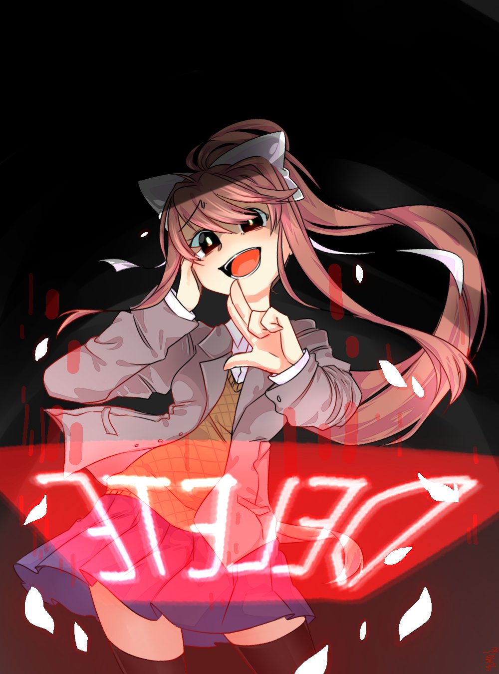 1girl black_legwear blazer blue_skirt bow brown_blazer brown_hair doki_doki_literature_club hair_bow hair_ribbon hand_on_own_cheek hand_on_own_face highres jacket monika_(doki_doki_literature_club) open_mouth ponytail ribbon skirt tagme white_bow white_ribbon