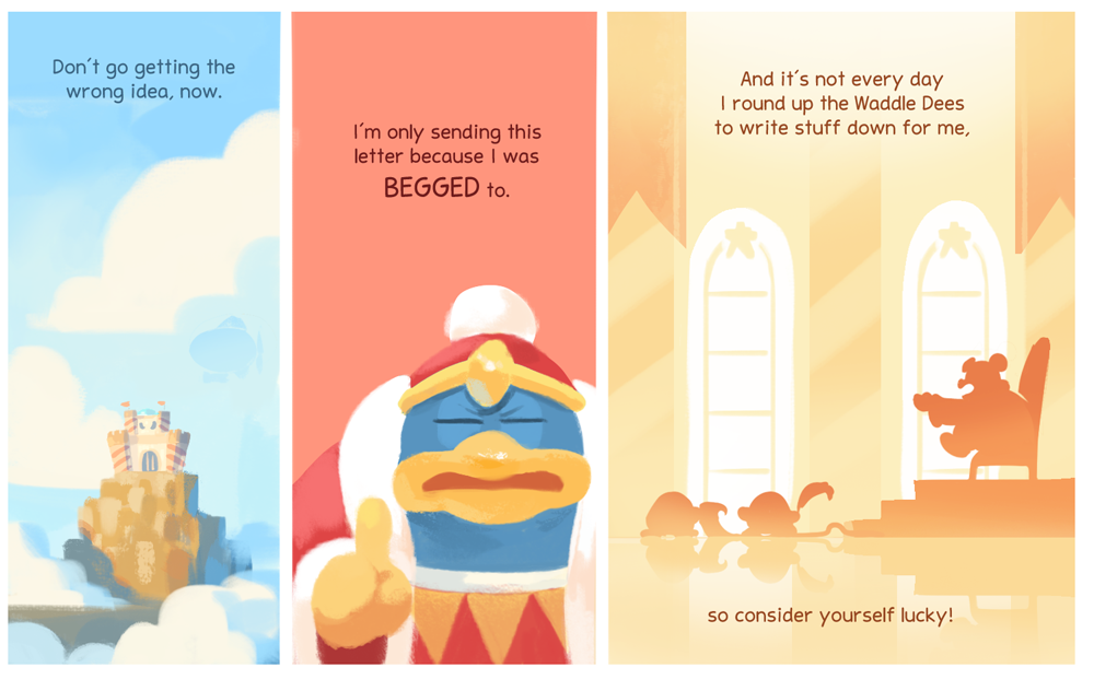 1boy aircraft bird blimp blue_sky castle clouds comic dirigible english hat kaboola king_dedede kirby_(series) male_focus no_humans peachifruit penguin robe sitting sky throne waddle_dee writing