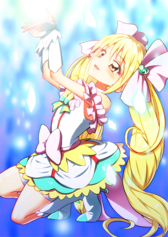 1girl blonde_hair blue_background commentary_request cure_echo hair_ribbon kneeling long_hair magical_girl precure precure_all_stars_new_stage:_mirai_no_tomodachi red_eyes ribbon sakagami_ayumi solo twintails very_long_hair white_ribbon wrist_cuffs yuto_(dialique)