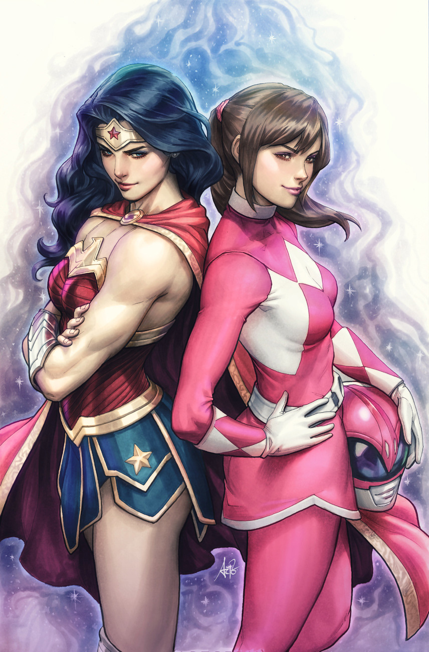 2girls back-to-back bare_shoulders biceps black_hair bracer brown_hair cape crossed_arms crossover dc_comics hand_on_hip headwear_removed helmet helmet_removed highres kimberly_ann_hart looking_at_viewer mighty_morphin_power_rangers multiple_girls official_art ponytail power_rangers ptera_ranger sentai skirt smile stanley_lau superhero tiara toned wavy_hair wonder_woman wonder_woman_(series)