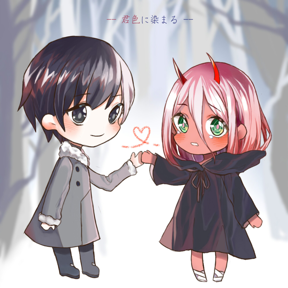 1boy 1girl bandage black_cloak black_footwear black_hair black_pants blue_eyes blush cloak coat commentary_request couple darling_in_the_franxx eyebrows_visible_through_hair fur_trim green_eyes grey_coat hand_holding hetero hiro_(darling_in_the_franxx) hood hooded_cloak horns long_hair looking_at_viewer oni_horns pants parka pink_hair red_horns red_pupils red_skin shoes short_hair translated tree winter_clothes winter_coat younger zero_two_(darling_in_the_franxx) zhelizhizi