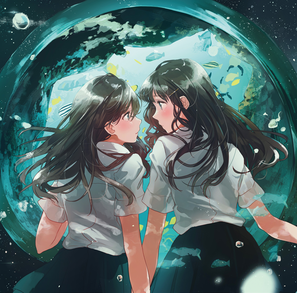 2girls air_bubble bangs black_skirt blouse blush bubble closed_mouth comic_yuri_hime eye_contact fly_(marguerite) from_behind hair_between_eyes hair_ornament hairclip long_hair looking_at_another multiple_girls parted_lips pleated_skirt profile school_uniform short_sleeves skirt tareme underwater white_blouse yuri