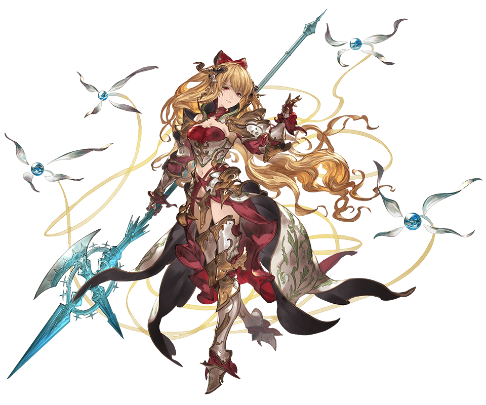 1girl armor armored_boots bangs blonde_hair boots bow breasts granblue_fantasy hair_bow hair_ornament halberd holding holding_weapon long_hair looking_at_viewer medium_breasts minaba_hideo navel official_art one_leg_raised overskirt polearm red_eyes shoulder_armor solo transparent_background turtleneck vira weapon