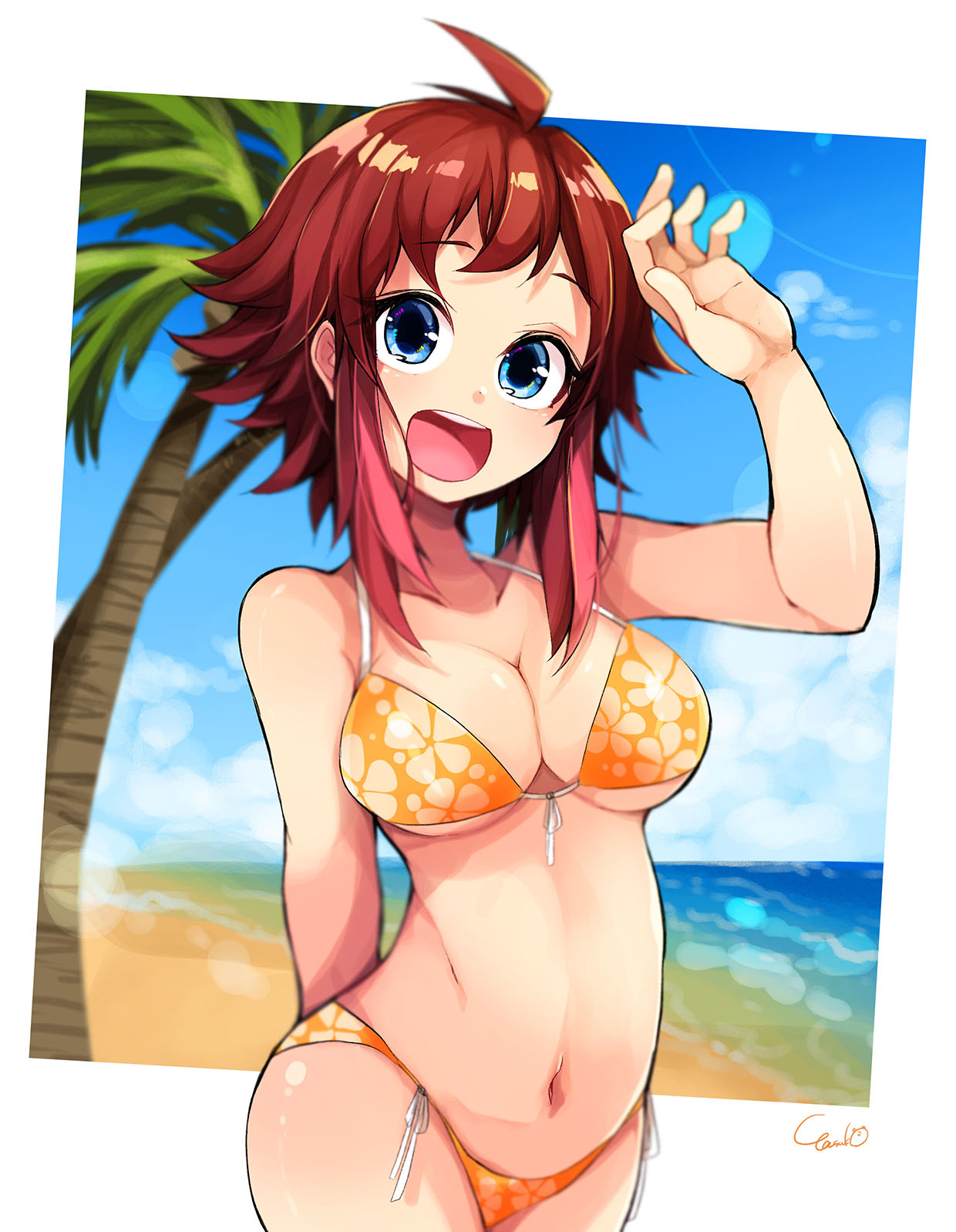 1girl beach bikini blue_eyes blue_sky breasts brown_hair cleavage clouds cowboy_shot floral_print front-tie_top highres looking_at_viewer medium_breasts motimotifukurou open_mouth orange_bikini original outdoors palm_dress side-tie_bikini sidelocks sky smile solo standing swimsuit