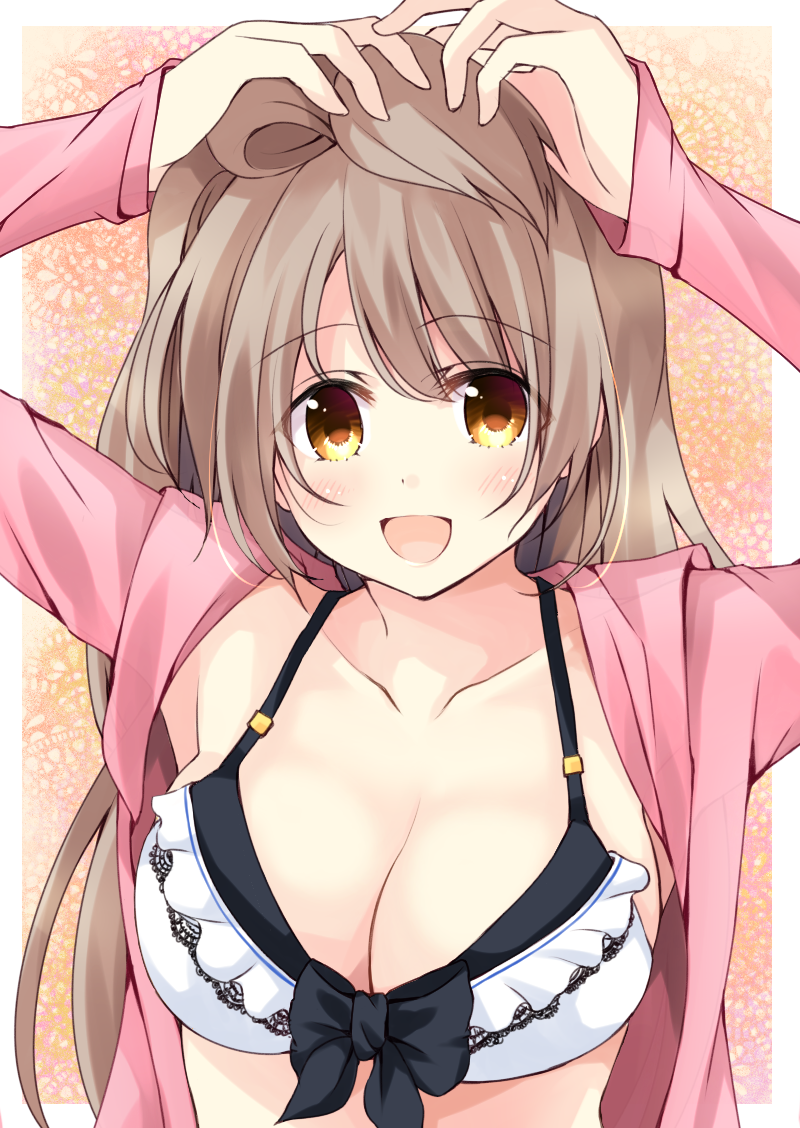 1girl :d adjusting_hair arms_up bikini_top breasts brown_hair cleavage fujisaki_kyouya long_hair looking_at_viewer love_live! love_live!_school_idol_project medium_breasts minami_kotori open_mouth smile solo upper_body yellow_eyes