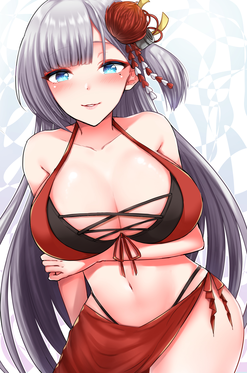 1girl alternate_costume azur_lane blue_eyes breasts cleavage collarbone commentary_request flower hair_flower hair_ornament highres kakino_nashiko large_breasts long_hair looking_at_viewer mole mole_under_eye navel shoukaku_(azur_lane) silver_hair smile solo swimsuit