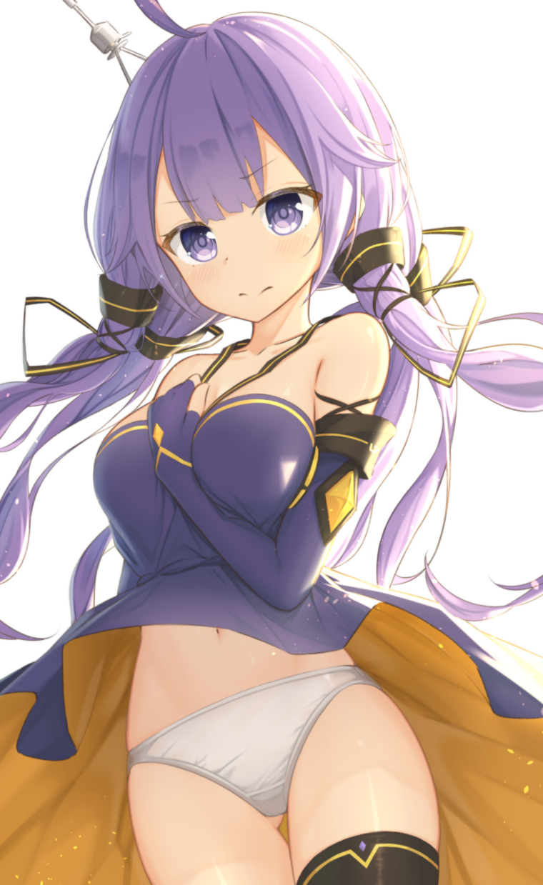 1girl 3: ahoge azur_lane bangs between_breasts black_legwear breasts closed_mouth cowboy_shot elbow_gloves eyebrows_visible_through_hair fingerless_gloves gloves habu. hand_on_own_chest hand_up highres long_hair medium_breasts navel panties purple_gloves purple_hair sidelocks single_thighhigh solo thigh-highs thighs tsurime underwear unicorn_(azur_lane) white_panties