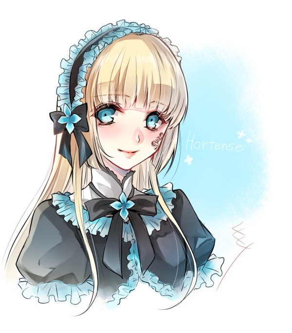 1girl bangs black_bow black_ribbon blonde_hair blue_eyes blue_frills blunt_bangs bow brooch character_name facial_mark frills gothic_lolita headdress hortense jewelry lolita_fashion long_hair puffy_short_sleeves puffy_sleeves ribbon roman shishiyon short_sleeves smile solo sound_horizon