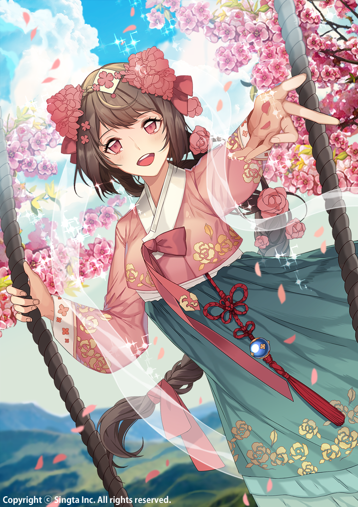 1girl :d blue_sky braid brown_hair clouds day floral_print flower hairband japanese_clothes laurelfalcon long_hair open_mouth outdoors outstretched_hand petals pink_eyes sid_story sky smile solo standing very_long_hair watermark