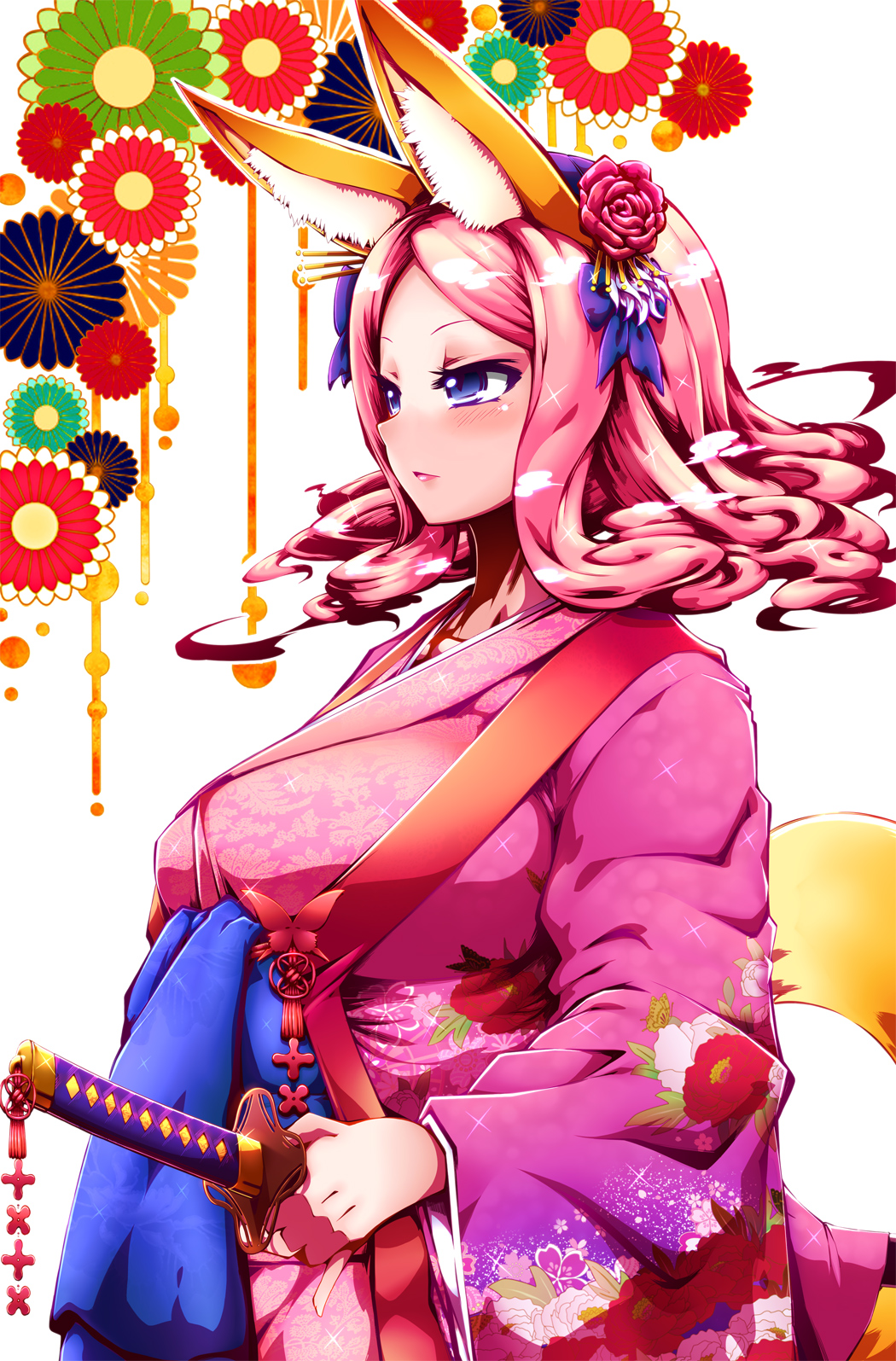 1girl animal_ears bangs blue_eyes blush breasts cowboy_shot expressionless floating_hair floral_background floral_print flower fox_ears fox_tail from_side hair_flower hair_ornament hair_stick highres holding holding_sword holding_weapon japanese_clothes katana kimono large_breasts long_sleeves looking_afar original parted_bangs pink pink_hair pink_kimono pink_lips sheath sheathed solo sparkle sword tail tokyo_(great_akuta) weapon white_background wide_sleeves