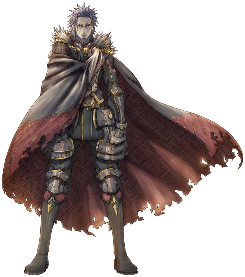 1boy armor armored_boots beard boots cape dahau facial_hair full_body fur_trim gloves looking_at_viewer male_focus official_art purple_hair senjou_no_valkyria senjou_no_valkyria_3 solo transparent_background violet_eyes