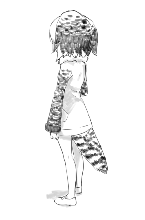 1girl bird_tail coat eurasian_eagle_owl_(kemono_friends) facing_away from_behind full_body fur_collar greyscale ica kemono_friends long_sleeves monochrome shoes short_hair simple_background solo standing tail white_background