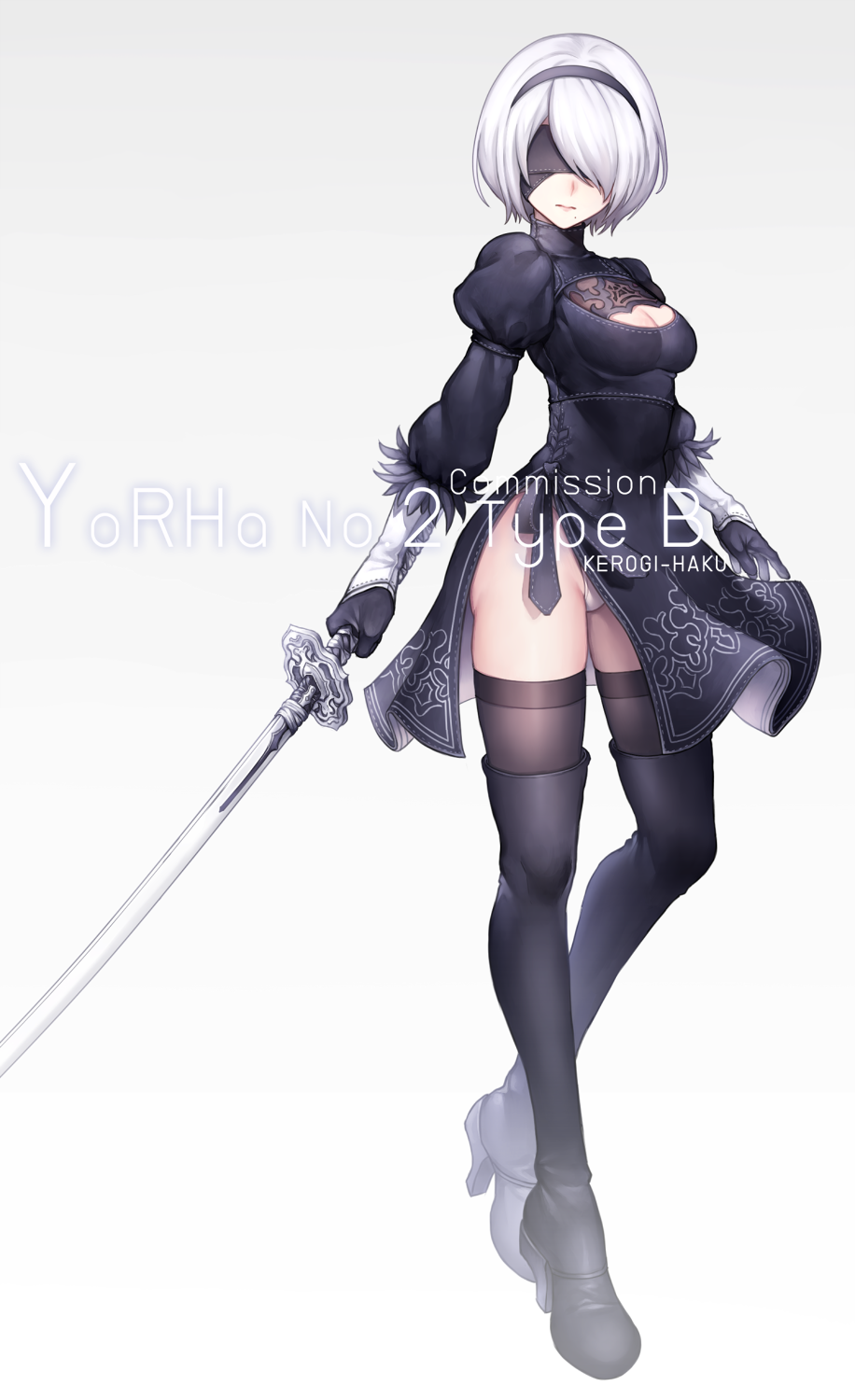 1girl artist_name bangs black_dress black_legwear blindfold boots breasts center_opening character_name cleavage commentary dress feather_trim full_body gloves gradient gradient_background highres holding holding_weapon juliet_sleeves katana kerogi_haku long_sleeves medium_breasts mole mole_under_mouth nier_(series) nier_automata panties puffy_sleeves short_dress short_hair simple_background solo standing sword thigh-highs thigh_boots turtleneck underwear weapon white_hair yorha_no._2_type_b