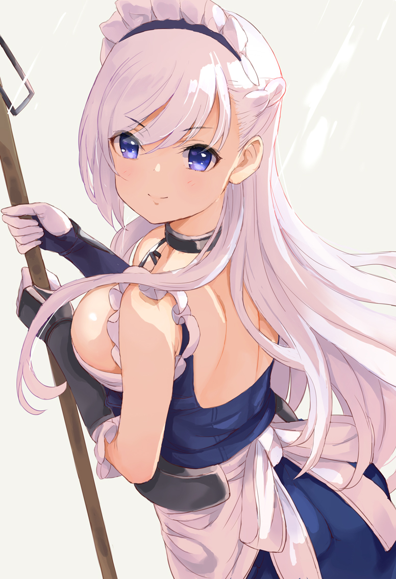 1girl apron azur_lane bangs bare_shoulders belfast_(azur_lane) blue_eyes blush braid breasts chains closed_mouth collar eyebrows_visible_through_hair frilled_apron frills from_side half_updo large_breasts long_hair looking_at_viewer looking_back maid_headdress mop smile solo tetsujin_momoko