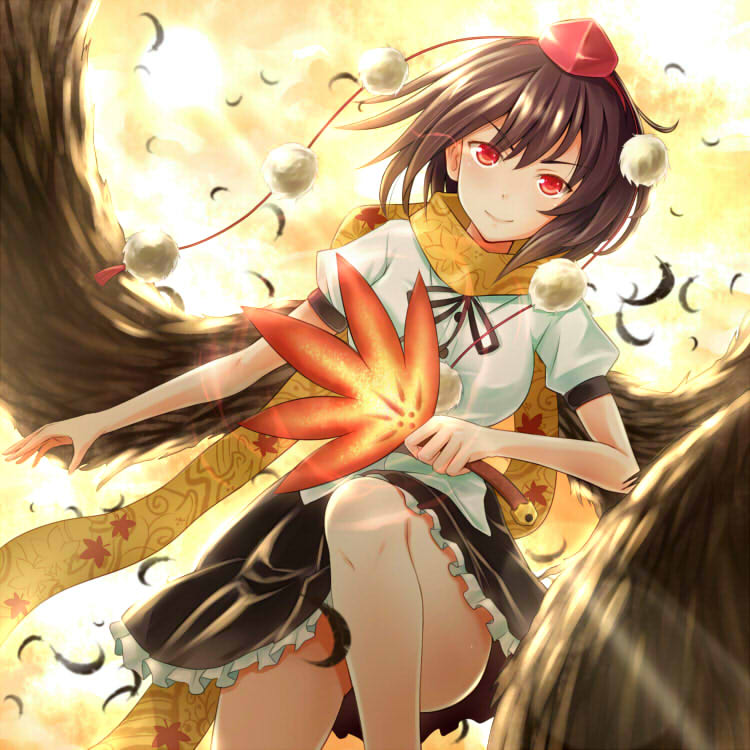 1girl black_skirt blush brown_hair closed_mouth cowboy_shot day eyebrows_visible_through_hair feathers hat kanden_suki knee_up leaf looking_at_viewer maple_leaf outdoors puffy_short_sleeves puffy_sleeves red_eyes shameimaru_aya shirt short_hair short_sleeves skirt smile solo sunlight tokin_hat touhou v-shaped_eyebrows white_shirt wings