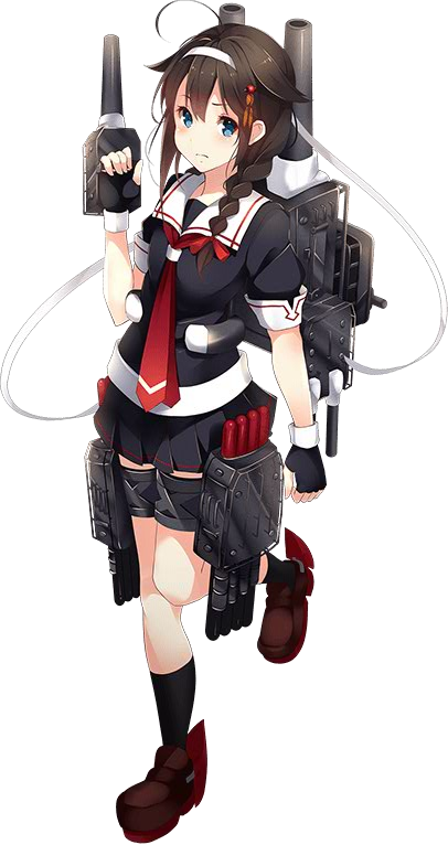 1girl ahoge black_serafuku blue_eyes braid brown_hair fingerless_gloves gloves hair_flaps hair_ornament hair_over_shoulder hairclip headband kantai_collection kujou_ichiso official_art pleated_skirt remodel_(kantai_collection) school_uniform serafuku shigure_(kantai_collection) single_braid skirt