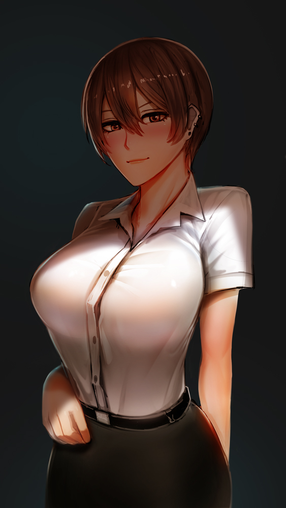 1girl arm_behind_back badcompzero black_background breasts brown_eyes brown_hair earrings jewelry large_breasts light_smile looking_at_viewer shadow shirt short_hair simple_background skirt solo white_shirt