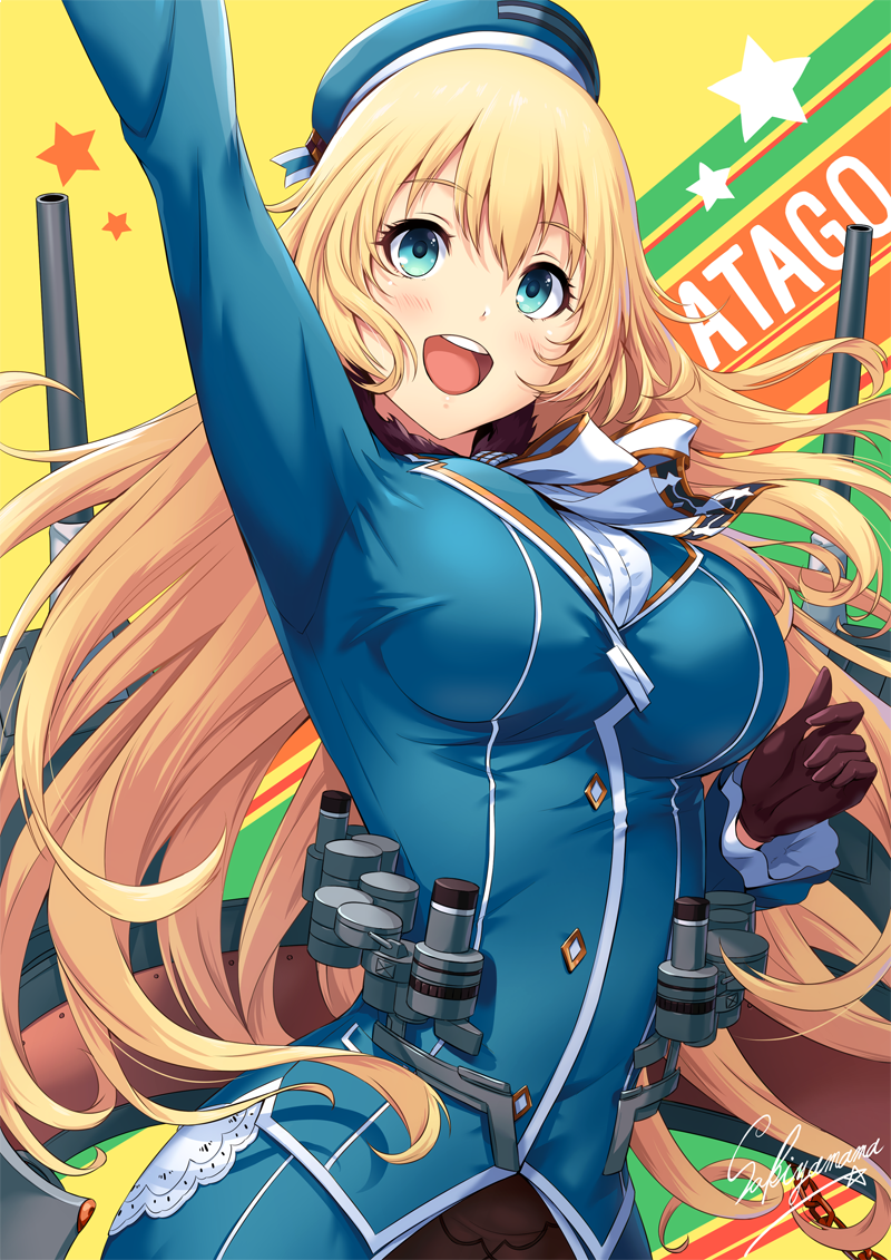 1girl arm_up atago_(kantai_collection) beret black_gloves blonde_hair blue_eyes blue_hat blue_jacket blush breasts character_name frilled_sleeves frills gloves hair_between_eyes hat jacket kantai_collection large_breasts long_hair long_sleeves looking_at_viewer multicolored multicolored_background neckerchief open_mouth pantyhose sakiyamama shirt solo teeth tongue turret upper_body white_neckwear white_shirt