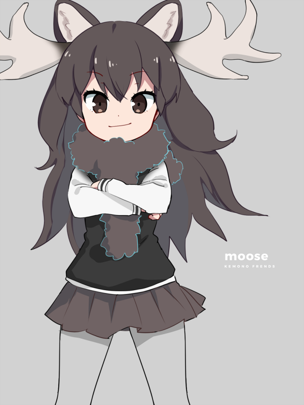 1girl animal_ears antlers black_vest brown_eyes brown_hair brown_scarf brown_skirt character_name clenched_hands copyright_name crossed_arms english eyebrows_visible_through_hair eyelashes grey_background grey_legwear hair_between_eyes ica kemono_friends long_hair long_sleeves looking_at_viewer moose_(kemono_friends) moose_ears pantyhose pleated_skirt romaji scarf shirt simple_background skirt sleeveless smile solo tsurime vest wavy_hair white_shirt