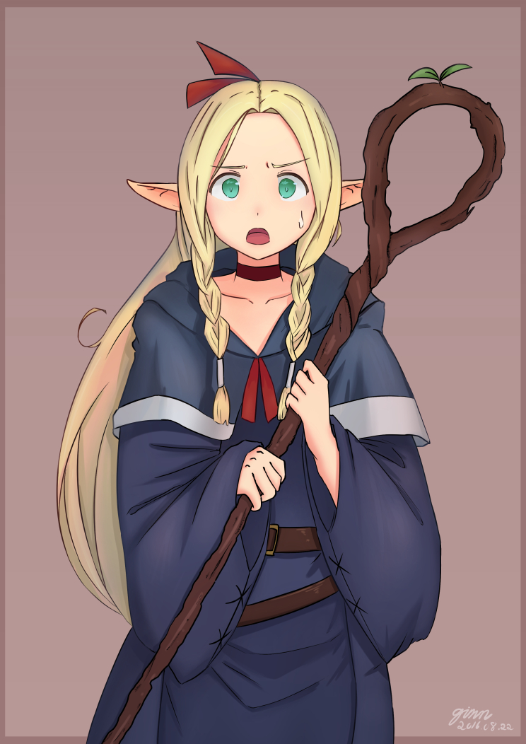 1girl blonde_hair blue_robe border dungeon_meshi elf ginn_(carter51219) green_eyes holding holding_staff hooded_capelet looking_at_viewer mage marcille maroon_background outside_border pointy_ears solo staff