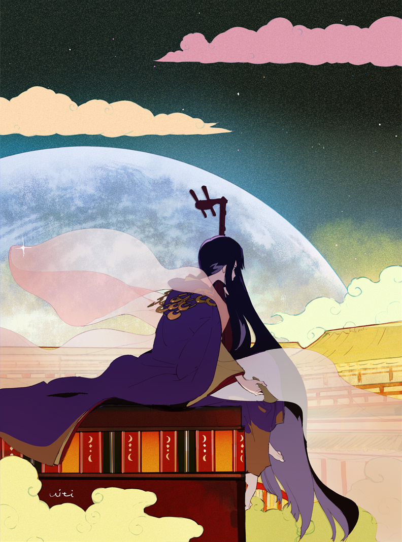 1girl barefoot black_hair clouds from_side full_moon holding japanese_clothes kaguya_hime kimono long_hair long_sleeves moon night night_sky original purple_kimono signature sitting sky solo star_(sky) tale_of_the_bamboo_cutter ukumo_uichi very_long_hair