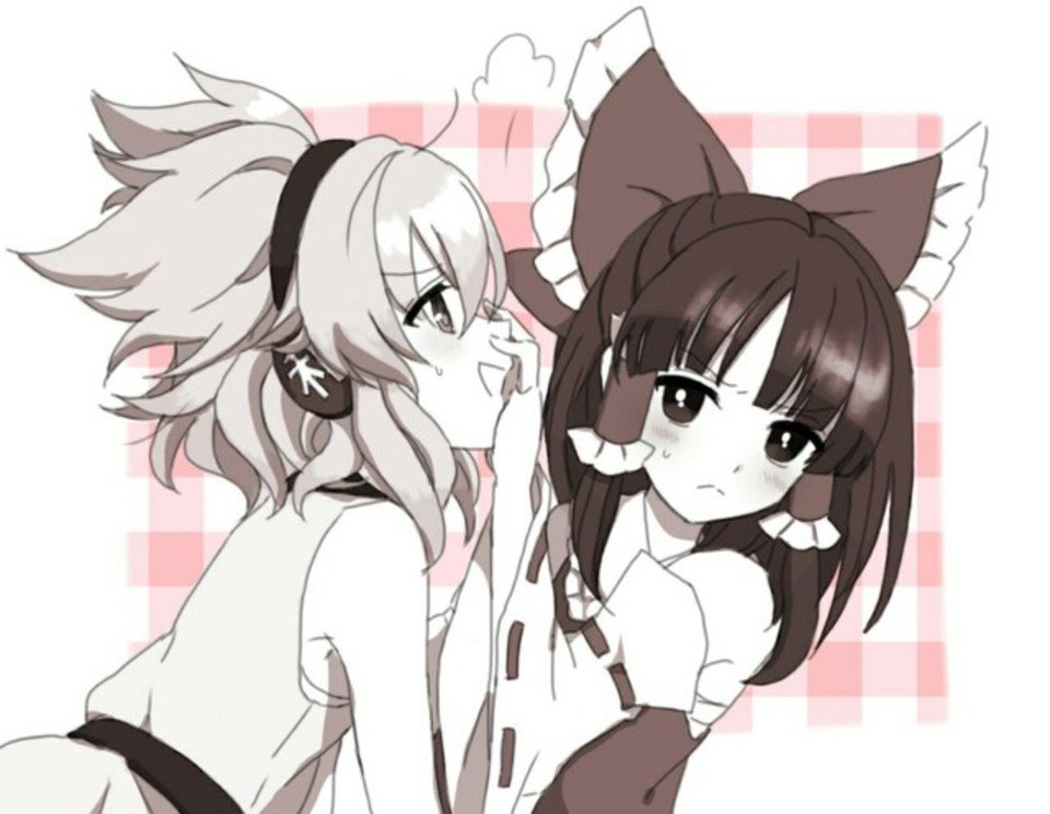 2girls bangs blush bow closed_mouth commentary_request detached_sleeves earmuffs eyebrows_visible_through_hair frown hair_bow hakurei_reimu hand_on_another's_face hand_up kusoyarou limited_palette multiple_girls open_mouth ribbon-trimmed_sleeves ribbon_trim sarashi short_hair sidelocks sleeveless sweat touhou toyosatomimi_no_miko upper_body wide_sleeves