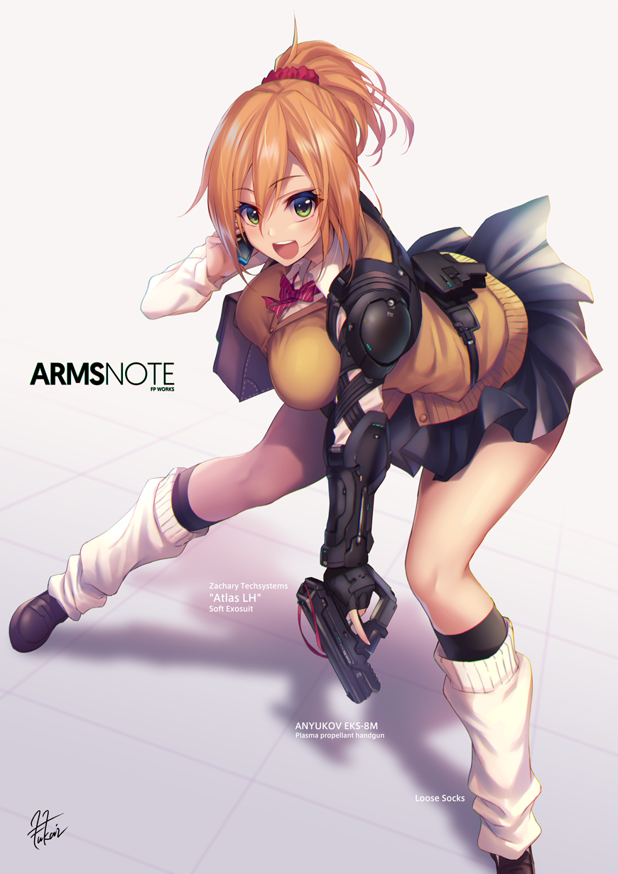 :d armor bag bent_over black_skirt blush bow bowtie brown_footwear cellphone collared_shirt eyebrows_visible_through_hair fukai_ryousuke gradient gradient_background gun hair_ornament hair_scrunchie handgun highres holding holding_gun holding_phone holding_weapon loafers looking_at_viewer loose_socks open_mouth orange_hair original phone pistol pleated_skirt ponytail red_bow red_neckwear round_teeth school_bag school_uniform scrunchie shadow shirt shoes shoulder_pads signature skirt smile socks standing striped striped_bow striped_neckwear sweater_vest tareme teeth trigger_discipline weapon white_legwear wing_collar