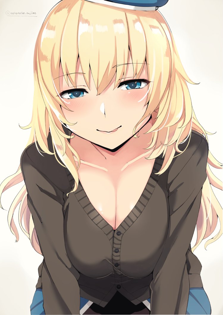 1girl atago_(kantai_collection) beret blonde_hair blue_eyes blush breasts cardigan cleavage collarbone commentary_request eyebrows eyebrows_visible_through_hair gradient gradient_background gradient_hair hair_between_eyes hat kantai_collection large_breasts long_hair looking_at_viewer multicolored_hair nuko_(mikupantu) shiny shiny_hair shiny_skin skirt smile solo tongue tongue_out twitter_username white_background
