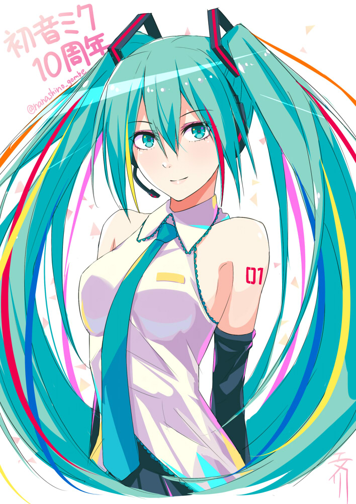 1girl anniversary aqua_eyes aqua_hair aqua_neckwear armpits bare_shoulders black_gloves black_skirt breasts closed_mouth collared_shirt elbow_gloves eyebrows_visible_through_hair gloves hair_between_eyes hatsune_miku headphones kanden_suki long_hair looking_at_viewer medium_breasts microphone necktie pleated_skirt shirt shoulder_tattoo signature skirt sleeveless sleeveless_shirt smile solo tattoo twintails twitter_username upper_body very_long_hair vocaloid white_shirt