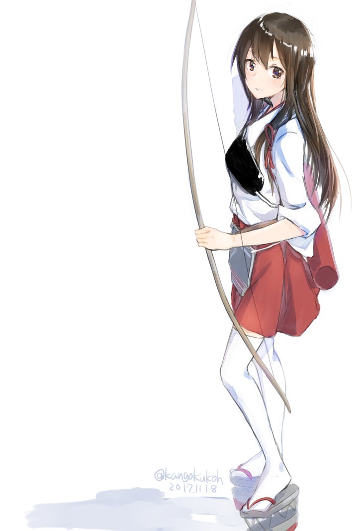 1girl akagi_(kantai_collection) archery arrow bow_(weapon) brown_eyes brown_hair dated geta japanese_clothes kangoku_kou kantai_collection kyuudou long_hair looking_at_viewer muneate nontraditional_miko quiver simple_background solo straight_hair tasuki thigh-highs twitter_username weapon