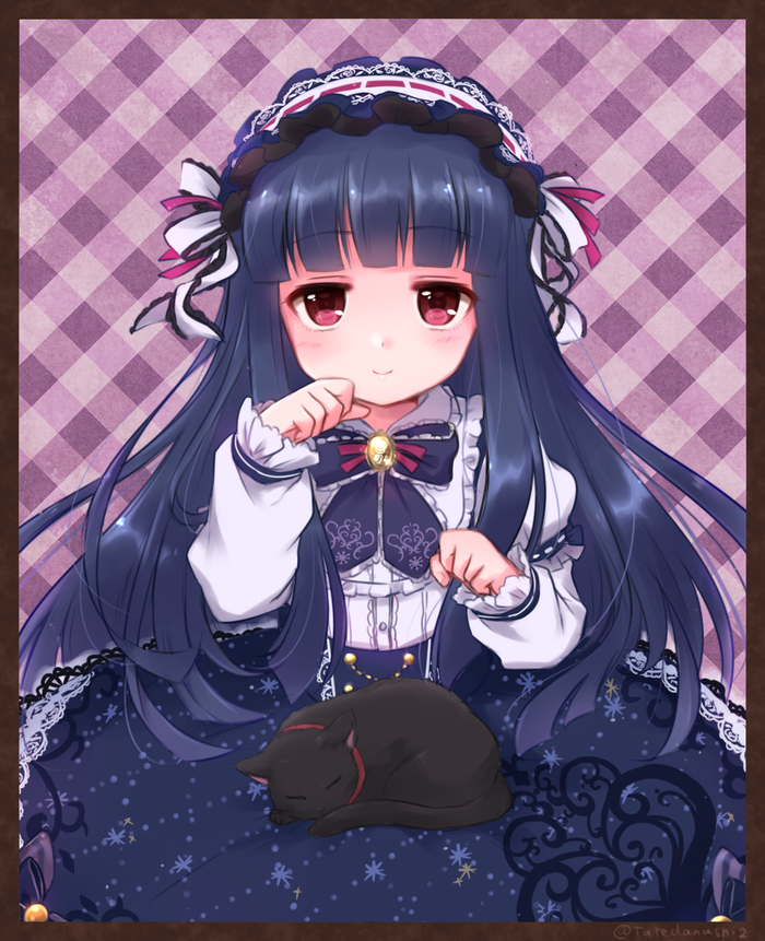 1girl argyle argyle_background bangs blouse blue_bow blue_hair blue_skirt blunt_bangs blush border bow brown_border buttons cat cat_on_lap closed_mouth collar eyebrows_visible_through_hair frilled_blouse frilled_hairband frills hairband heart idolmaster idolmaster_cinderella_girls idolmaster_cinderella_girls_starlight_stage juliet_sleeves lace lace-trimmed_skirt lolita_fashion lolita_hairband long_hair long_sleeves looking_at_viewer paw_pose puffy_sleeves purple_background red_collar red_eyes sajou_yukimi shiny shiny_hair skirt smile solo suspender_skirt suspenders tabana twitter_username upper_body