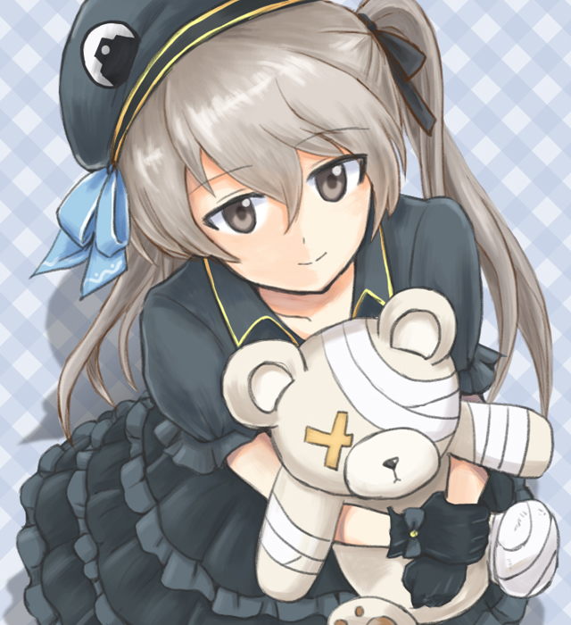 1girl arm_grab bandage bangs beret black_dress black_gloves black_hat black_ribbon boko_(girls_und_panzer) brown_eyes closed_mouth collared_dress commentary_request dress emblem eyebrows_visible_through_hair frilled_dress frills from_above girls_und_panzer gloves grey_background hair_ribbon hat holding holding_stuffed_animal japanese_tankery_league_(emblem) layered_dress light_brown_hair light_smile long_dress long_hair looking_at_viewer looking_up mutsu_(layergreen) plaid plaid_background puffy_short_sleeves puffy_sleeves ribbon shadow shimada_arisu short_sleeves side_ponytail solo standing stuffed_animal stuffed_toy teddy_bear