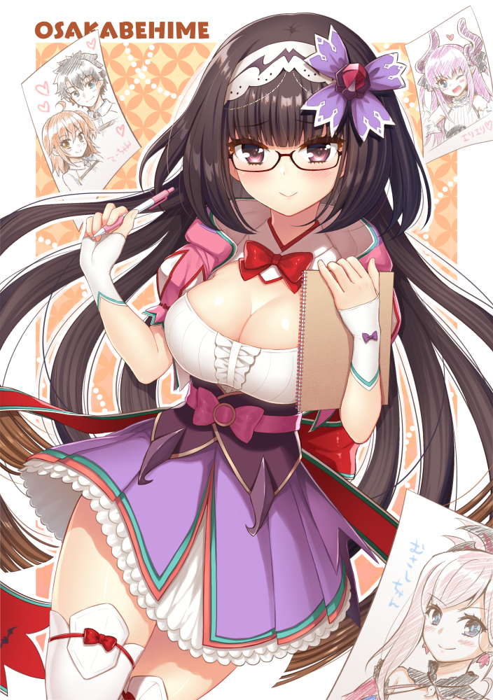 1girl black_hair blush breasts brown_hair character_name character_print cleavage fate/grand_order fate_(series) fujimaru_ritsuka_(female) fujimaru_ritsuka_(male) glasses gloves gradient_hair hairband hood lancer_(fate/extra_ccc) large_breasts long_hair looking_at_viewer miyamoto_musashi_(fate/grand_order) multicolored_hair nakamura_hinato osakabe-hime_(fate/grand_order) smile solo thigh-highs very_long_hair violet_eyes white_legwear