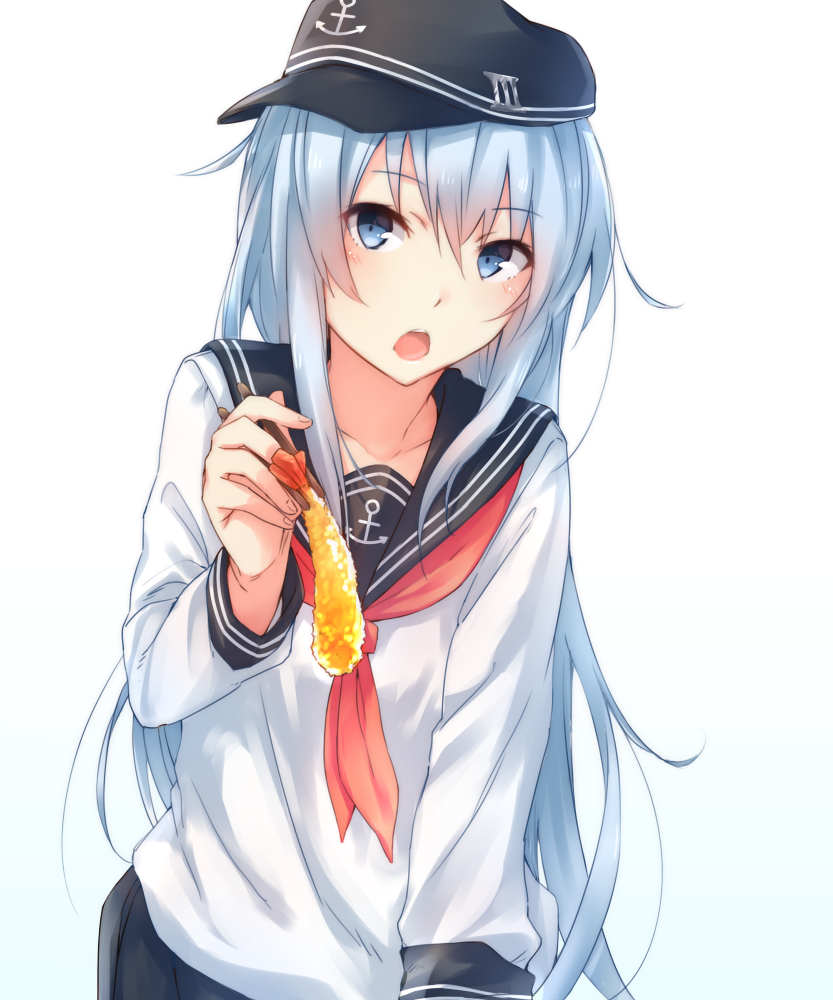 1girl anchor_symbol black_hat black_sailor_collar black_skirt blue_eyes feeding flat_cap food hat hibiki_(kantai_collection) kantai_collection long_hair looking_at_viewer open_mouth pleated_skirt pov satsumi school_uniform serafuku shrimp shrimp_tempura silver_hair simple_background skirt solo tempura white_background