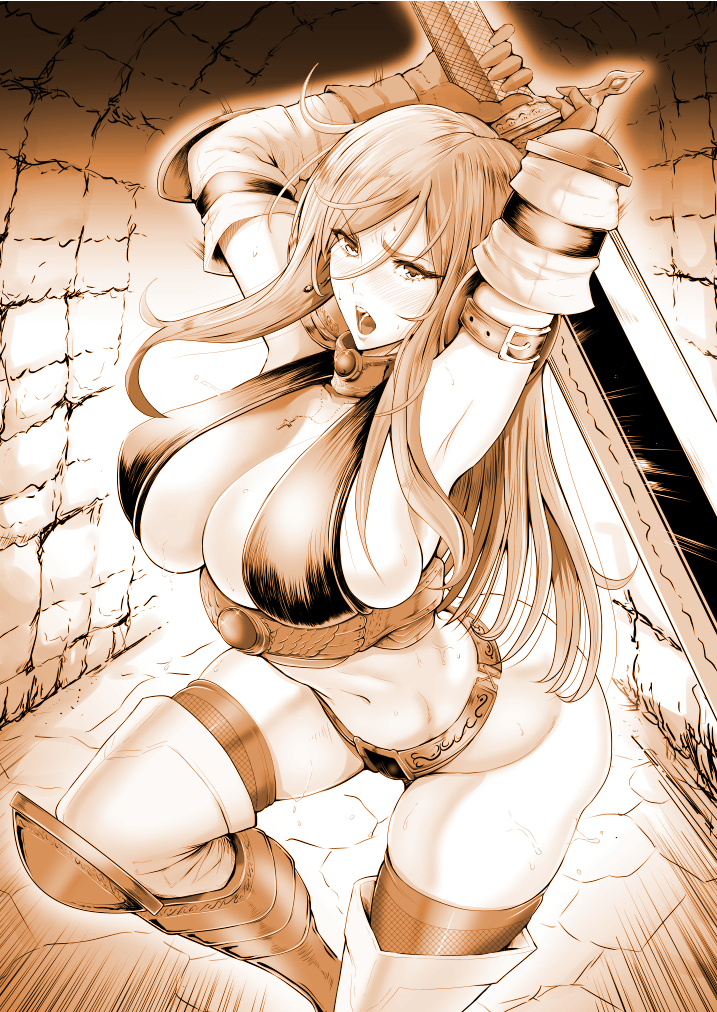 1girl arm_strap armor armored_boots armpits arms_up bikini_armor blush boots breasts cleavage cowboy_shot elbow_gloves gloves greaves holding holding_sword holding_weapon huge_weapon incoming_attack large_breasts long_hair looking_at_viewer monochrome navel open_mouth original piston_ring solo stomach sword thigh-highs thigh_boots weapon