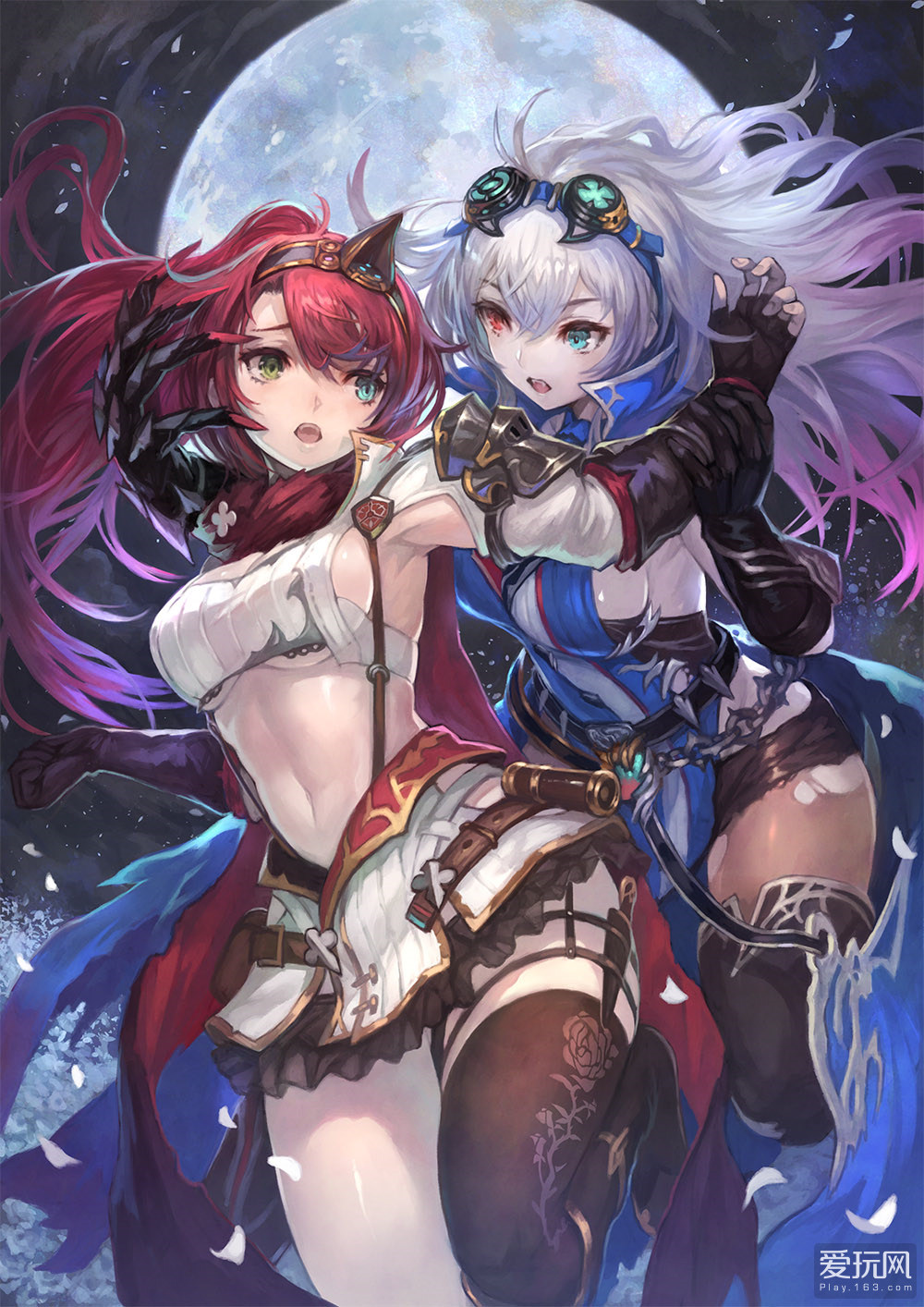 2girls alushe_anatolia arnas_(yoru_no_nai_kuni) asymmetrical_legwear black_footwear black_gloves black_legwear black_shorts blue_eyes boots breasts crop_top elbow_gloves fingerless_gloves floating_hair full_moon gloves goggles goggles_on_head green_eyes hairband heterochromia highres knife large_breasts long_hair midriff miniskirt moon multiple_girls navel open_mouth pink_hair red_eyes redhead short_shorts shorts sideboob silver_hair skirt spaulders stomach thigh-highs thigh_boots thigh_strap under_boob very_long_hair wrist_grab yoru_no_nai_kuni_2