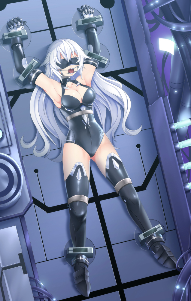 &gt;:( 1girl angry armor armored_boots armpits arms_up bangs bare_shoulders bdsm bit_gag black_gloves black_heart black_legwear black_leotard blindfold blue_eyes bondage boots bound bound_ankles bound_arms bound_legs bound_torso bound_wrists bracer breasts cable cleavage cleavage_cutout clenched_hands collarbone covered_collarbone covered_eyes covered_navel dutch_angle elbow_gloves flipped_hair frown full_body furrowed_eyebrows gag gloves glowing halterneck hips indoors leotard long_hair looking_at_viewer magical_girl medium_breasts neptune_(series) parted_bangs restrained shadow shiny shiny_clothes skin_tight solo spread_legs stationary_restraints symbol-shaped_pupils thigh-highs thighs turtleneck v-shaped_eyebrows very_long_hair wavy_hair white_hair yasume_yukito