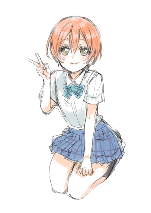 1girl :3 bow bowtie hair_between_eyes hoshizora_rin looking_at_viewer love_live! love_live!_school_idol_project nakayama_miyuki orange_hair otonokizaka_school_uniform plaid plaid_skirt school_uniform seiza short_hair simple_background sitting sketch skirt smile socks solo striped striped_bow striped_neckwear v white_background yellow_eyes