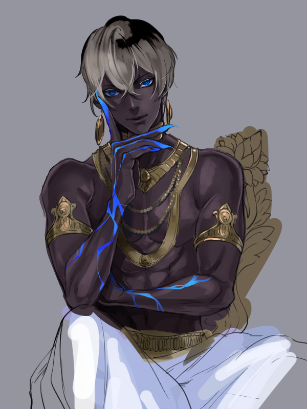 1boy arjuna_(fate/grand_order) armlet black_hair blonde_hair blue_eyes dark_skin dark_skinned_male fate/grand_order fate_(series) jewelry male_focus necklace shirtless short_hair solo zuwai_kani