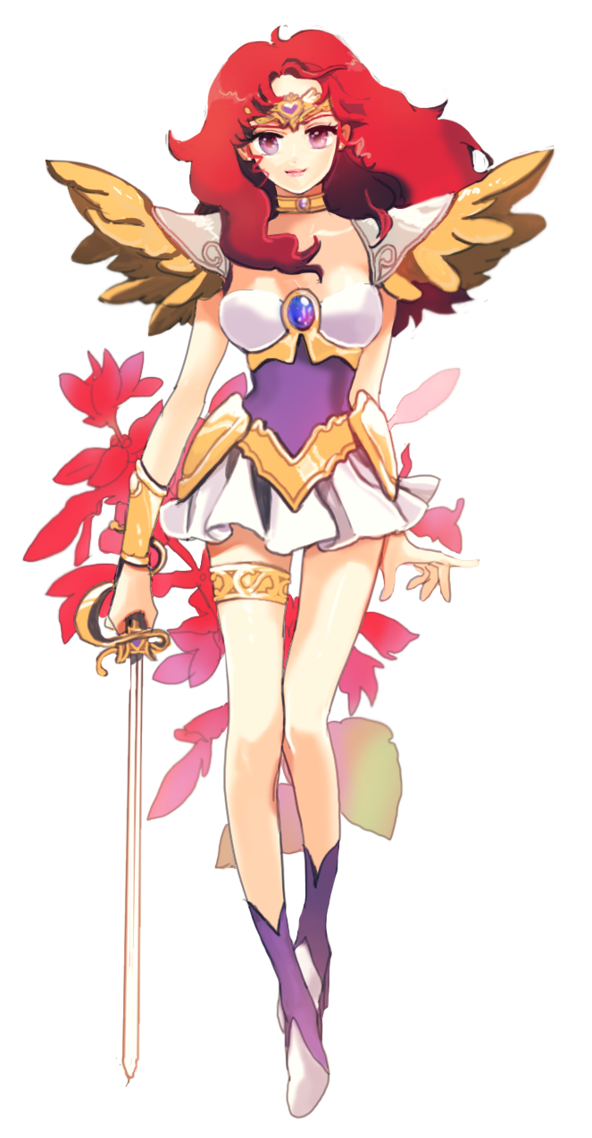 1girl angel_salvia armor bangs boots circlet closed_mouth dress flower full_body highres holding holding_weapon lavender_eyes looking_at_viewer moo9mom parted_bangs rapier redhead short_dress solo sword violet_eyes weapon wedding_peach white_background