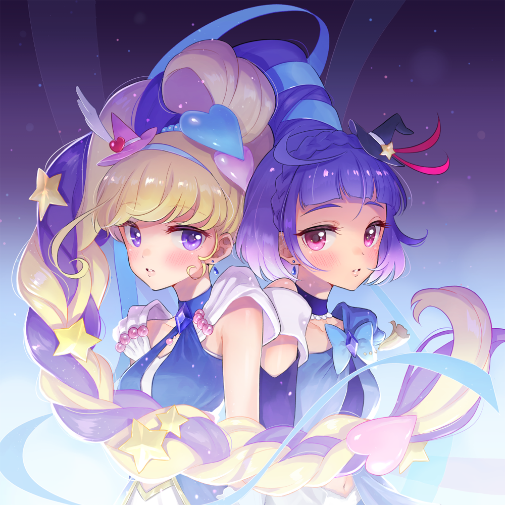 2girls asahina_mirai black_hat blonde_hair blue_neckwear blue_ribbon blush braid choker crown_braid cure_magical cure_miracle expressionless gobou_1000 hair_ornament hair_ribbon hairband hat heart_hair_ornament izayoi_liko long_hair looking_at_viewer magical_girl mahou_girls_precure! mini_hat mini_witch_hat multiple_girls parted_lips pink_eyes pink_hat precure purple_hair ribbon sapphire_style star star_hair_ornament upper_body violet_eyes witch_hat