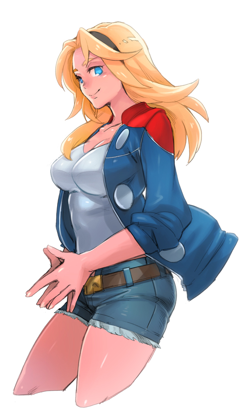 1girl blonde_hair blue_eyes blue_jacket breasts casual cleavage denim denim_shorts genderswap genderswap_(mtf) hairband impossible_clothes impossible_shirt jacket long_hair marvel nikumeron shirt shorts solo thor_(marvel)