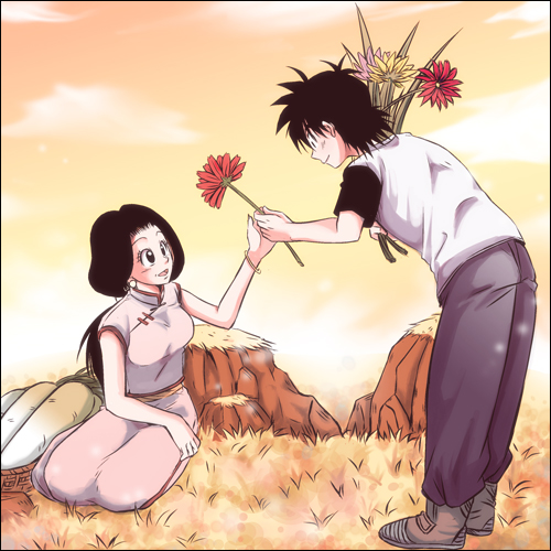 1boy 1girl black_eyes black_hair black_sleeves boots bouquet bracelet chi-chi_(dragon_ball) chinese_clothes clouds cloudy_sky dragon_ball dragonball_z earrings flower jewelry looking_at_another lowres mother_and_son open_mouth rochiko_(bgl6751010) seiza shirt short_hair sitting sky smile son_goten spiky_hair standing sunset tied_hair white_shirt