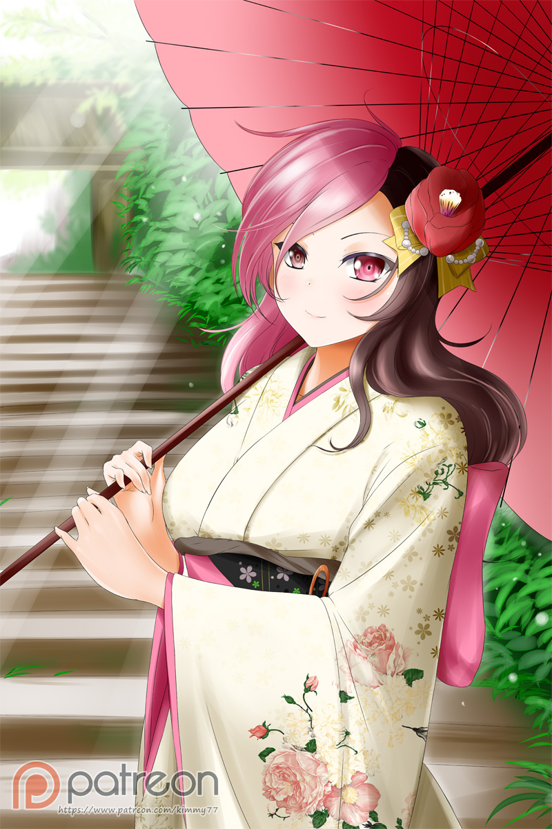 1girl alfred_cullado alternate_costume blush brown_eyes brown_hair floral_print flower hair_flower hair_ornament heterochromia highres japanese_clothes kimono long_hair neo_(rwby) obi oriental_umbrella patreon_logo pink_eyes pink_hair rwby sash smile solo stairs umbrella upper_body watermark web_address wide_sleeves yukata