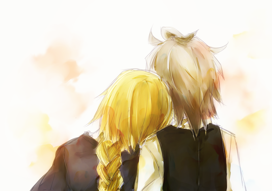 1boy 1girl back blonde_hair braid brown_hair couple dress fate/apocrypha fate_(series) head_on_shoulder hetero jeanne_d'arc_(fate) jeanne_d'arc_(fate)_(all) long_braid long_hair shirt short_hair sieg_(fate/apocrypha) single_braid very_long_hair waistcoat wakamerider white_shirt