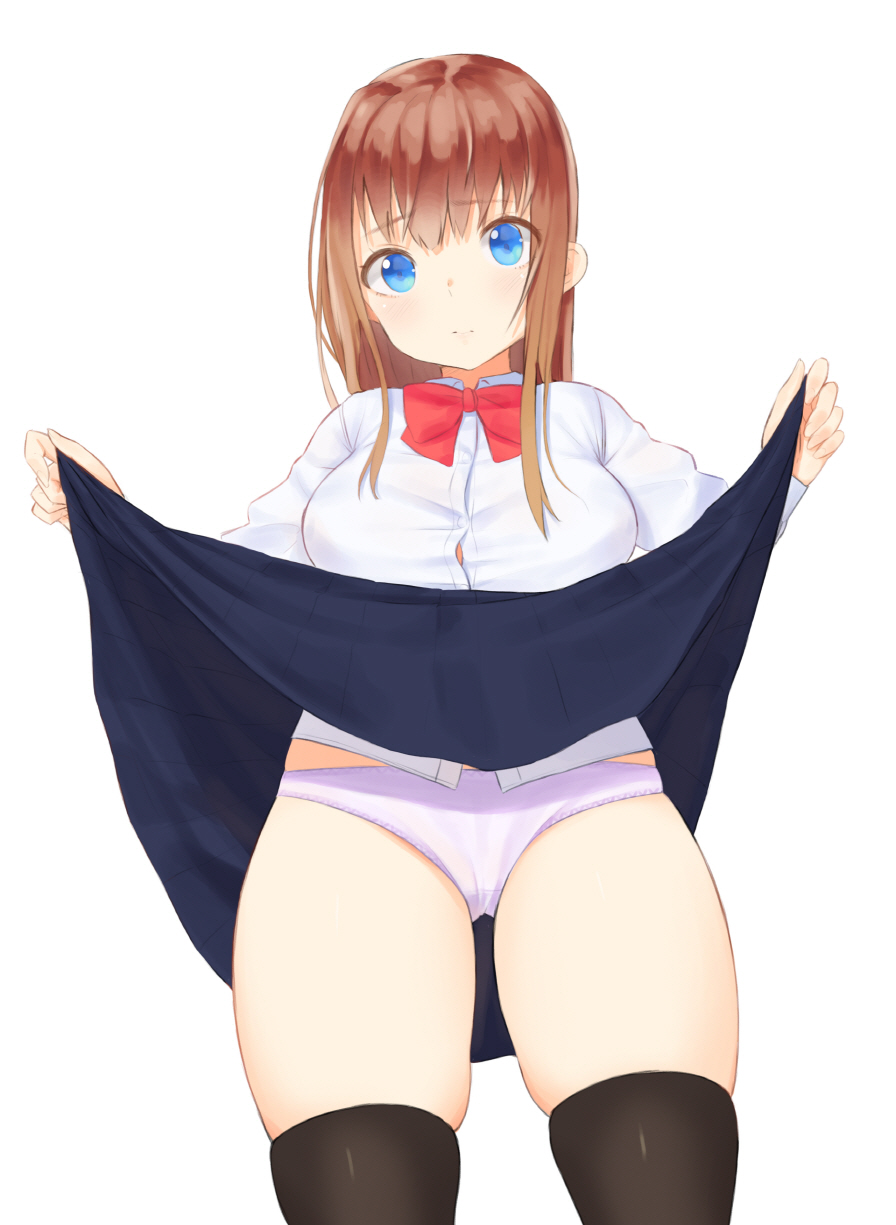 1girl agnam_ore black_legwear blue_eyes blush breasts brown_hair highres lifted_by_self long_hair looking_at_viewer original panties school_uniform simple_background skirt skirt_lift solo thigh-highs underwear white_background white_panties