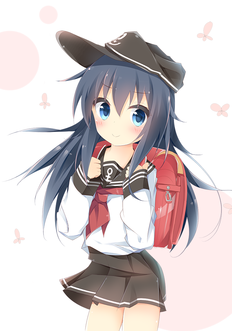 1girl akatsuki_(kantai_collection) anchor_symbol backpack bag bangs black_hair black_hat black_skirt blue_eyes blush closed_mouth commentary_request cowboy_shot eyebrows_visible_through_hair flat_cap hair_between_eyes hat kantai_collection kushida_you long_sleeves looking_at_viewer neckerchief pleated_skirt randoseru red_neckwear school_uniform serafuku shirt sideways_hat skirt smile solo white_background white_shirt