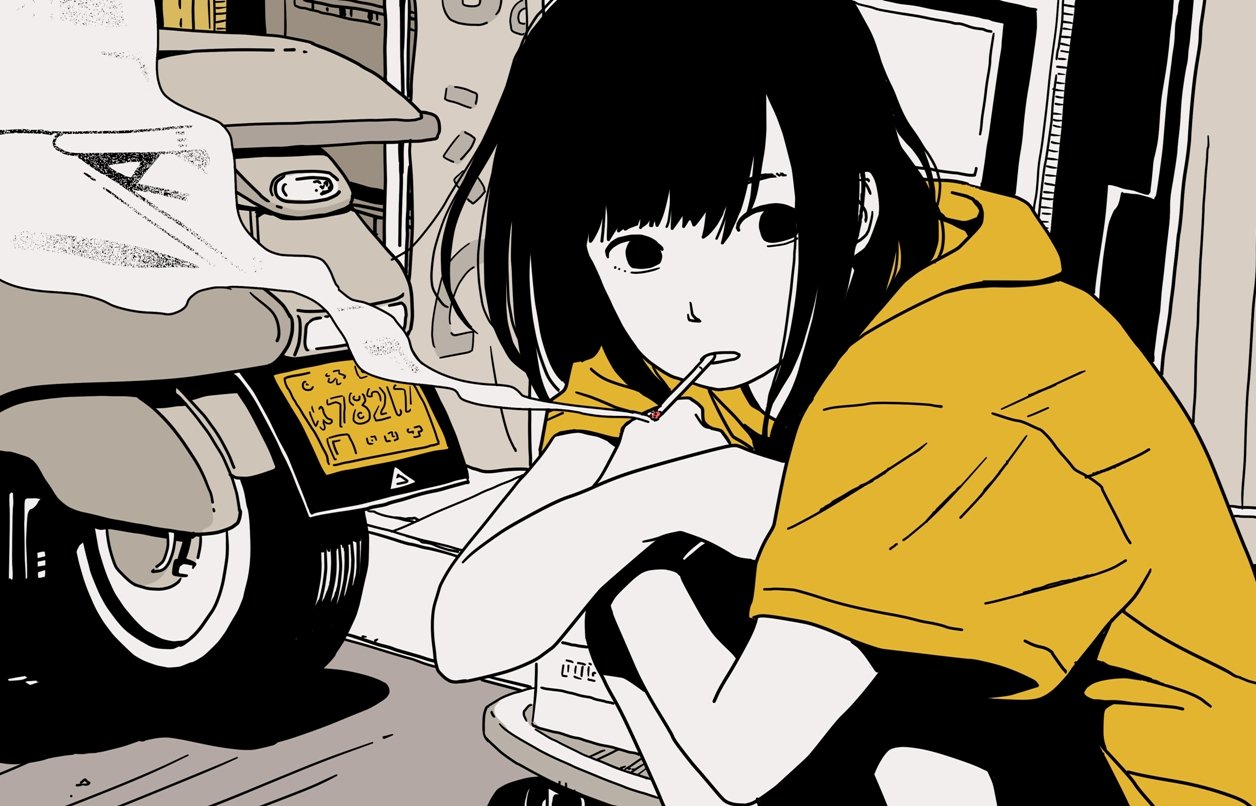 1girl black_hair cigarette commentary_request crossed_arms day greyscale ground_vehicle hood hood_down hosoo license_plate monochrome motor_vehicle motorcycle original outdoors revision shirt short_hair smoke smoking solo spot_color squatting white_skin yellow_shirt