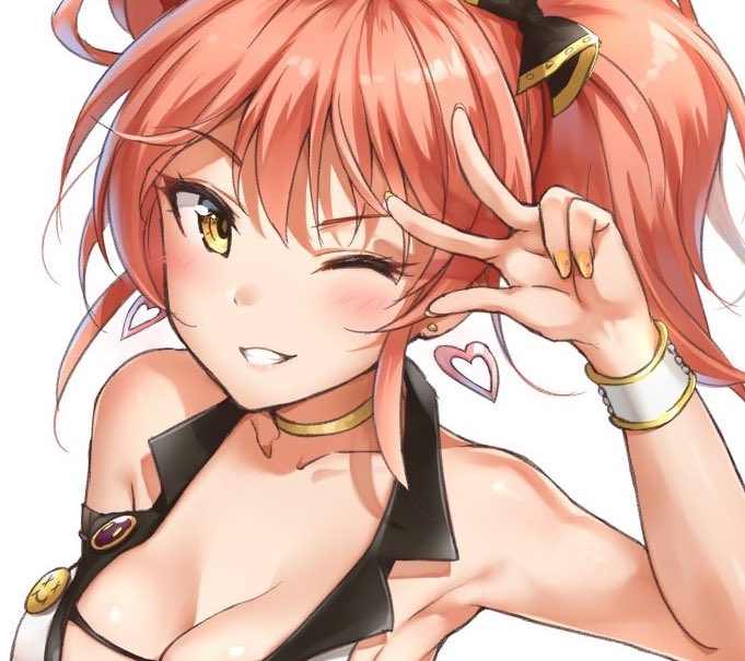 1girl badge bangs bare_shoulders black_ribbon blush bracelet breasts button_badge choker cleavage collarbone commentary_request crop_top earrings eyelashes grin hair_ribbon hand_gesture hand_up heart heart_earrings idolmaster idolmaster_cinderella_girls jewelry jougasaki_mika long_hair medium_breasts nail_polish one_eye_closed pink_hair ribbon sidelocks simple_background smile smiley_face solo takeashiro twintails w white_background yellow_eyes yellow_nails